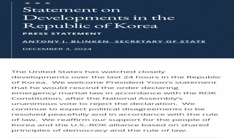 ABD Dışişleri Bakanı Blinkendan Güney Kore açıklaması: “Siyasi anlaşmazlıkların hukuka uygun olarak çözülmesini bekliyoruz”