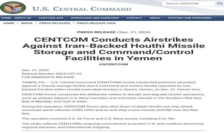 ABD ordusundan Yemene hava saldırısı: “Husilerin füze deposu ve komuta merkezi vuruldu”