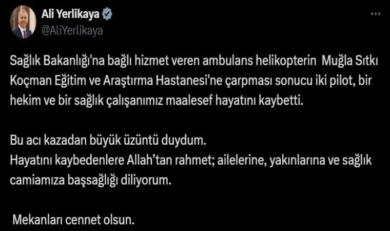 Bakanlardan helikopter kazasında vefat edenlere rahmet mesajı