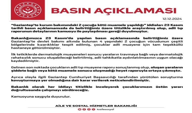 Bakanlıktan kurum bakımındaki 2 çocuğa kötü muamelede bulunulduğu iddialarına ilişkin açıklama