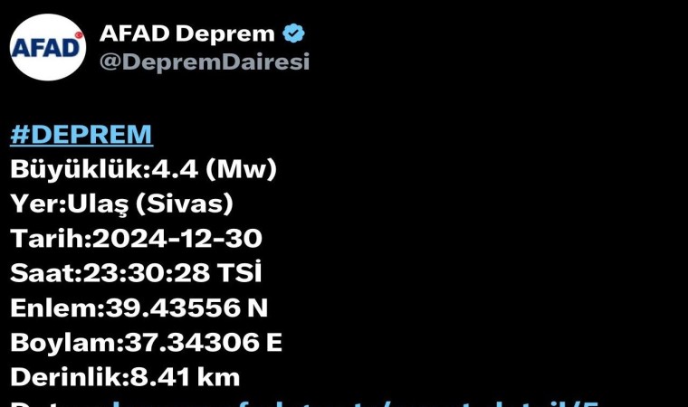 Sivas Ulaşta 4,4 büyüklüğünde deprem: Hasar tespit edilmedi