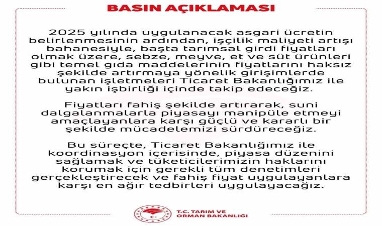 Tarım ve Orman Bakanlığı: Suni dalgalanmalarla piyasayı manipüle etmeyi amaçlayanlara karşı mücadelemizi sürdüreceğiz