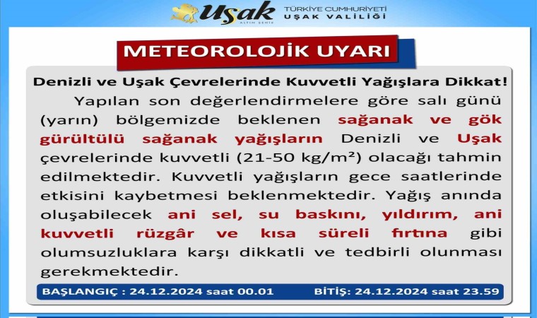 Uşaka kuvvetli yağış uyarısı