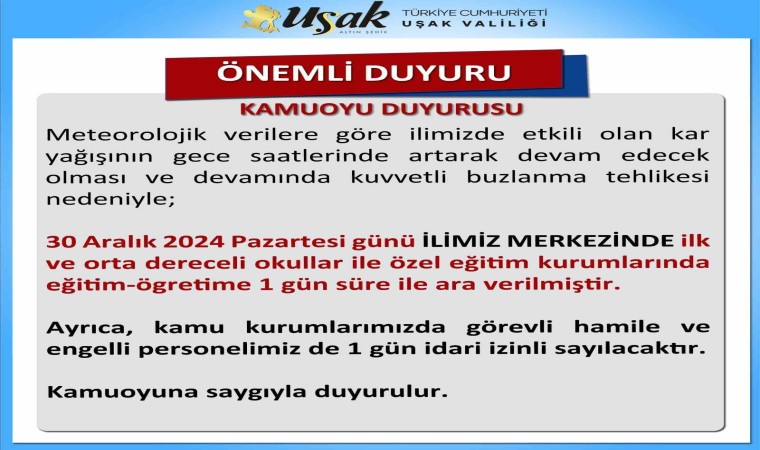 Uşakta kar nedeniyle okullar 1 gün tatil edildi