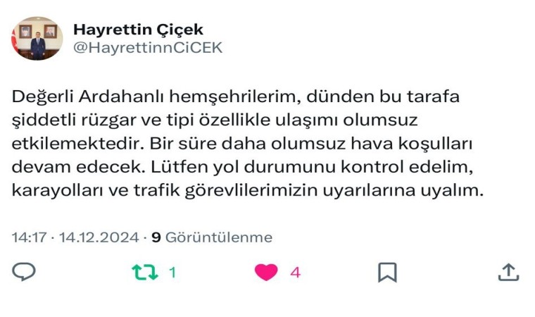 Vali Çiçekten sürücülere kar ve tipi uyarısı