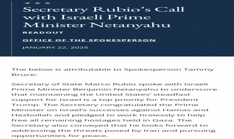 ABD Dışişleri Bakanı Rubio, İsrail Başbakanı Netanyahu ile telefonda görüştü