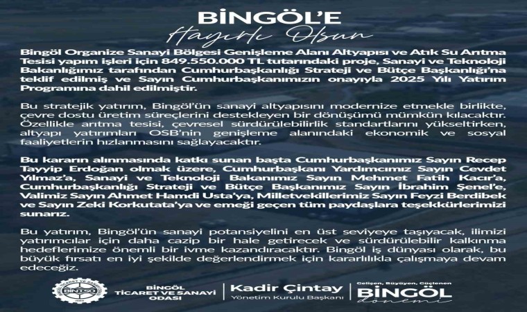 Bingöl OSB Genişleme ve Altyapı Projesine 849 milyon liralık yatırım onayı