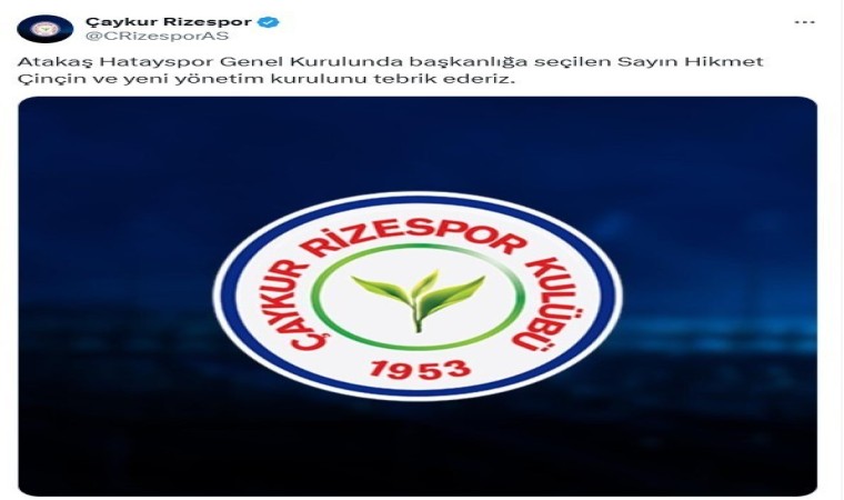 Çaykur Rizespordan Atakaş Hataysporun yeni başkanına tebrik mesajı