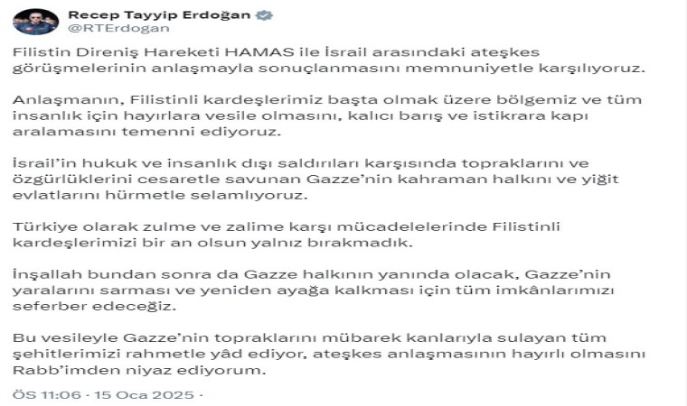 Cumhurbaşkanı Erdoğandan ateşkes açıklaması: Gazzenin kahraman halkını hürmetle selamlıyoruz