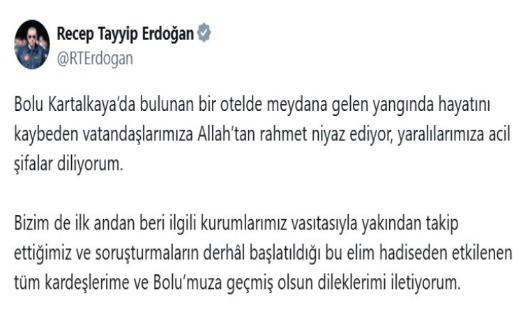 Cumhurbaşkanı Erdoğandan hayatını kaybedenler için taziye mesajı