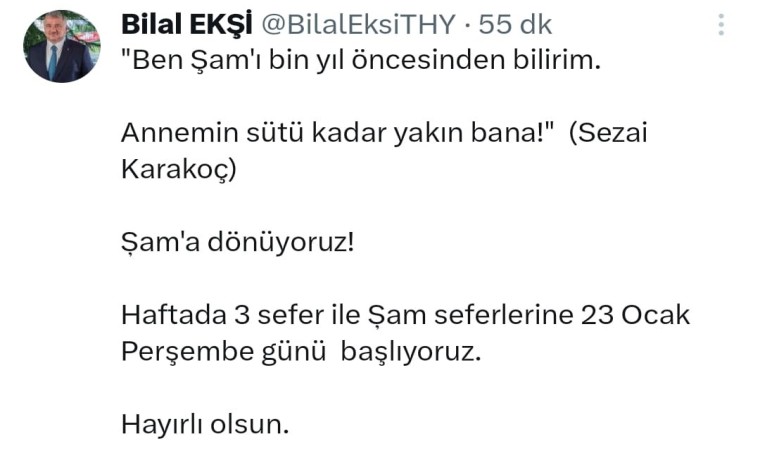 THY Şam seferleri başlıyor