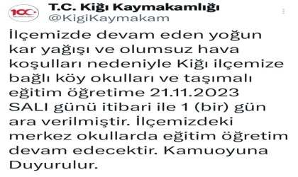 Yedisudan sonra Kiğıda da taşımalı eğitime 1 gün ara verildi