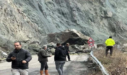 Heyelanda yola düşen kayanın isabet ettiği otomobil uçuruma yuvarlandı