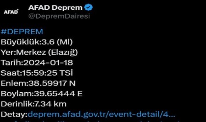 Elazığda 3.6 büyüklüğünde deprem