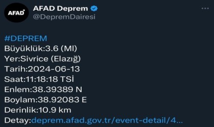 Elazığda 3.6 büyüklüğünde deprem