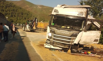 Bilecikte buğday yüklü tır 3 metre yükseklikten alt yola devrildi