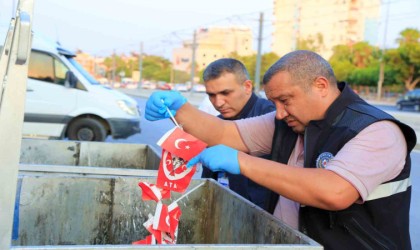 Okul önünde çöpe atılan bayraklar polisi alarma geçirdi