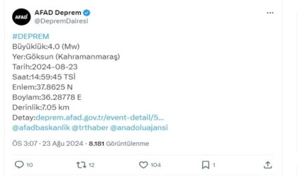 Kahramanmaraşta 4 büyüklüğünde deprem