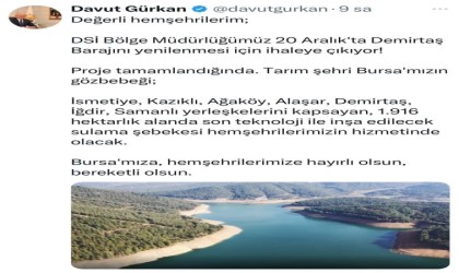 Demirtaş Barajı 20 Aralıkta ihaleye çıkıyor