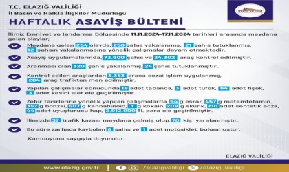 Elazığda son bir haftada 254 olay meydana geldi, 250 şahıs yakalandı