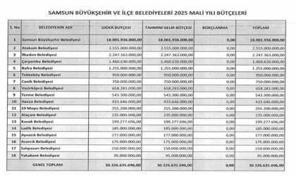 Samsundaki belediyelerin 2025 yılı toplam bütçeleri 30,3 milyar TL