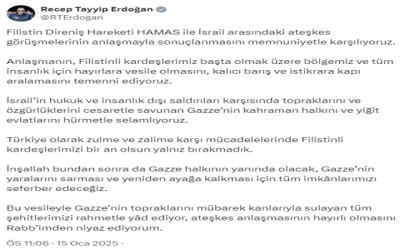 Cumhurbaşkanı Erdoğandan ateşkes açıklaması: Gazzenin kahraman halkını hürmetle selamlıyoruz